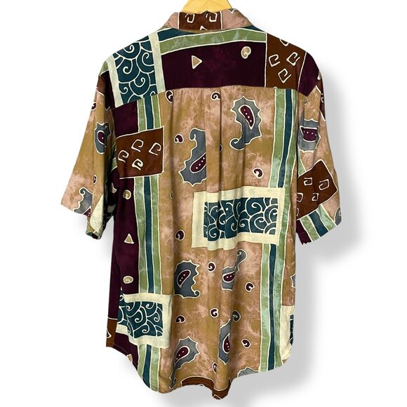 Vintage Batik Shirt Men Paisley Abstract Button-Up Rayon Short Sleeve Size Large - Picture 2 of 12